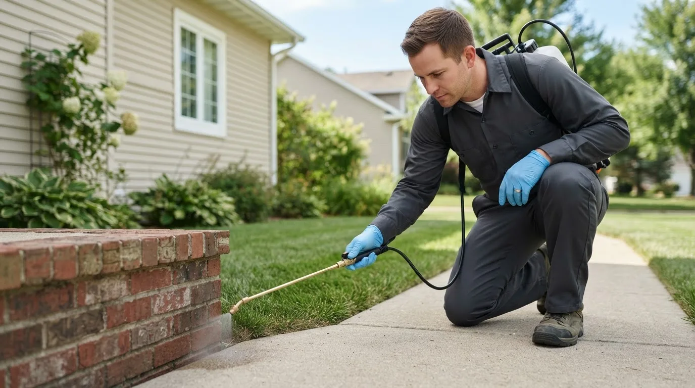 Pest control technician treating a home near New Stanton, PA